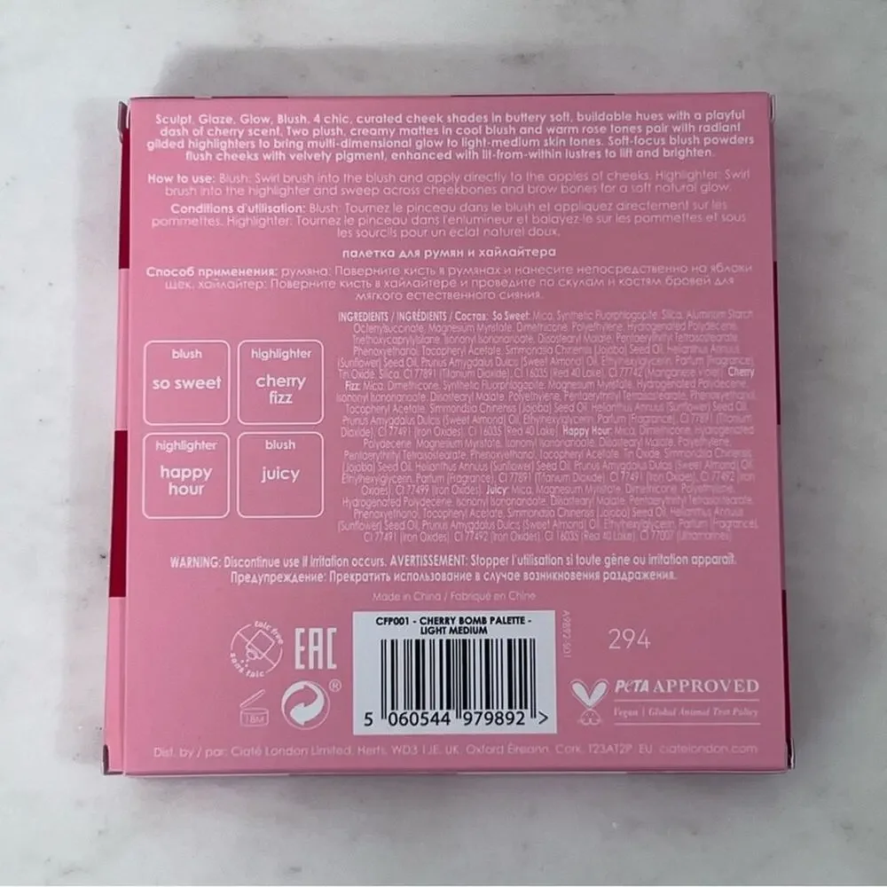 Ciate NIB Cherry Bomb Blush &‎ Highlighter Palette 2 Blush 2 Highlighters